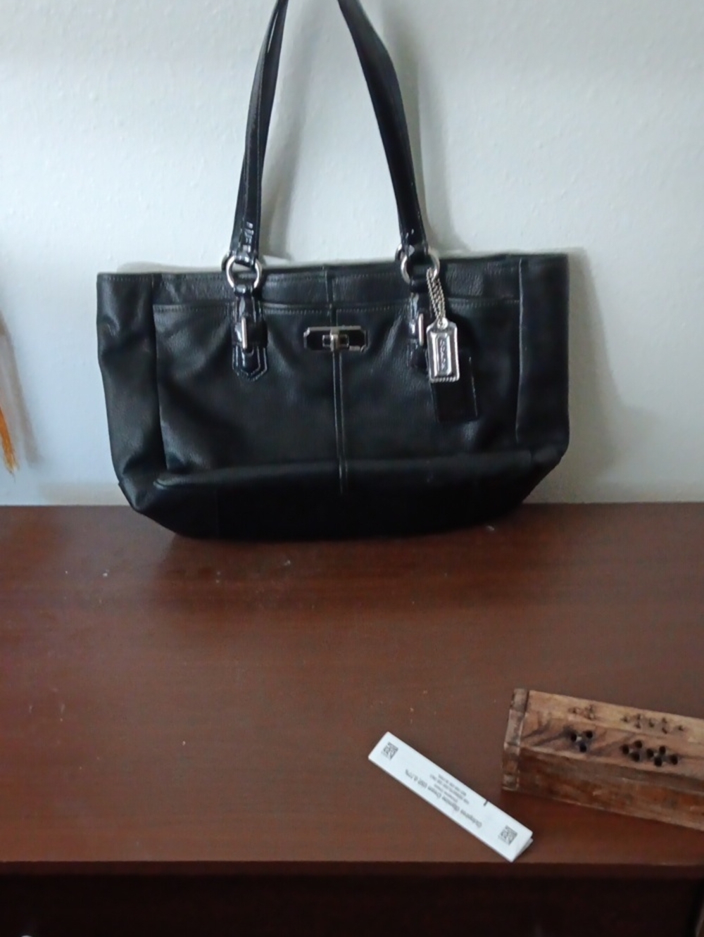 Black Leather Tote Handbag with Silver Hardware